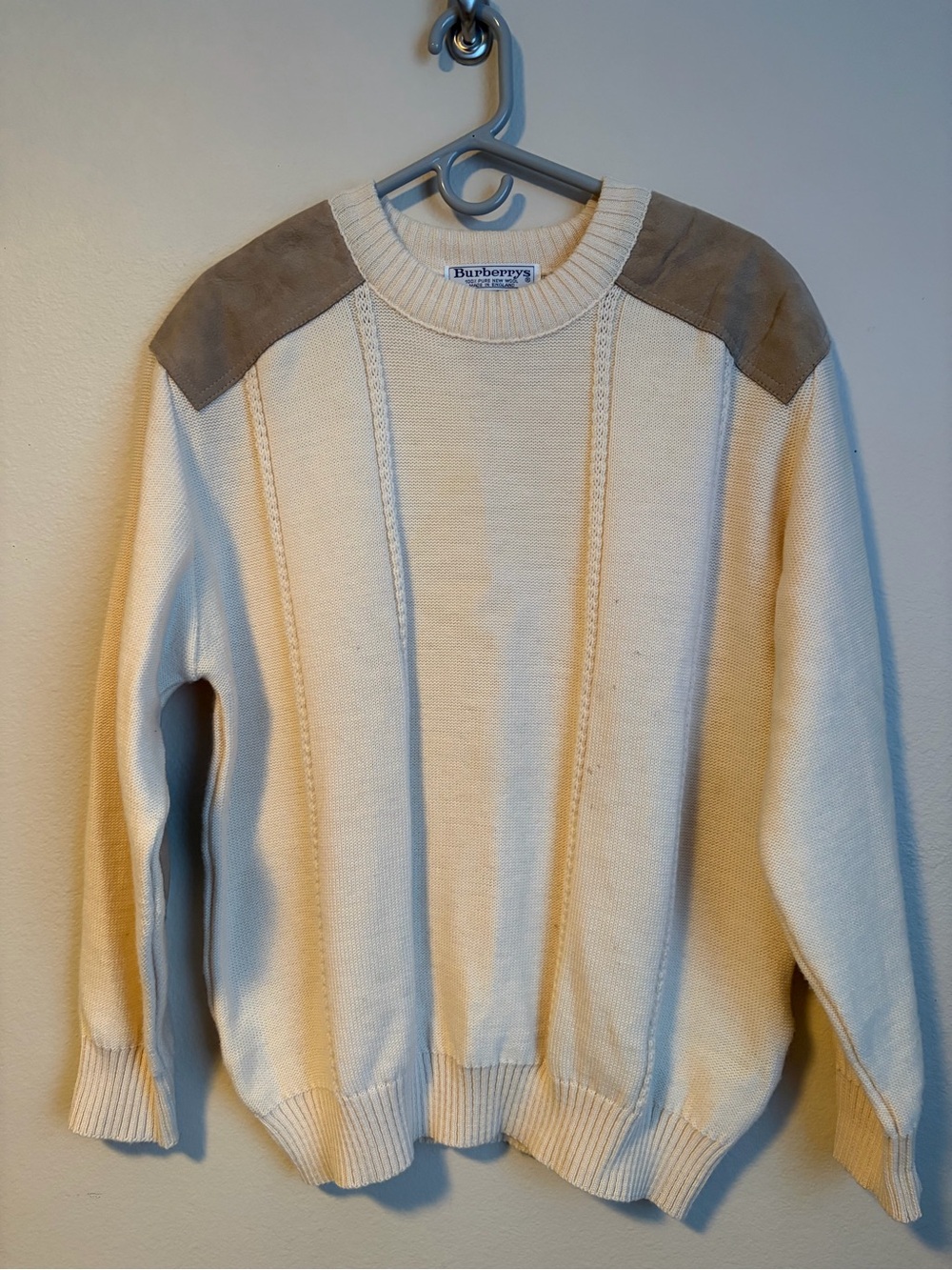 Vintage Burberry Cream Wool Sweater with Patches L or XL